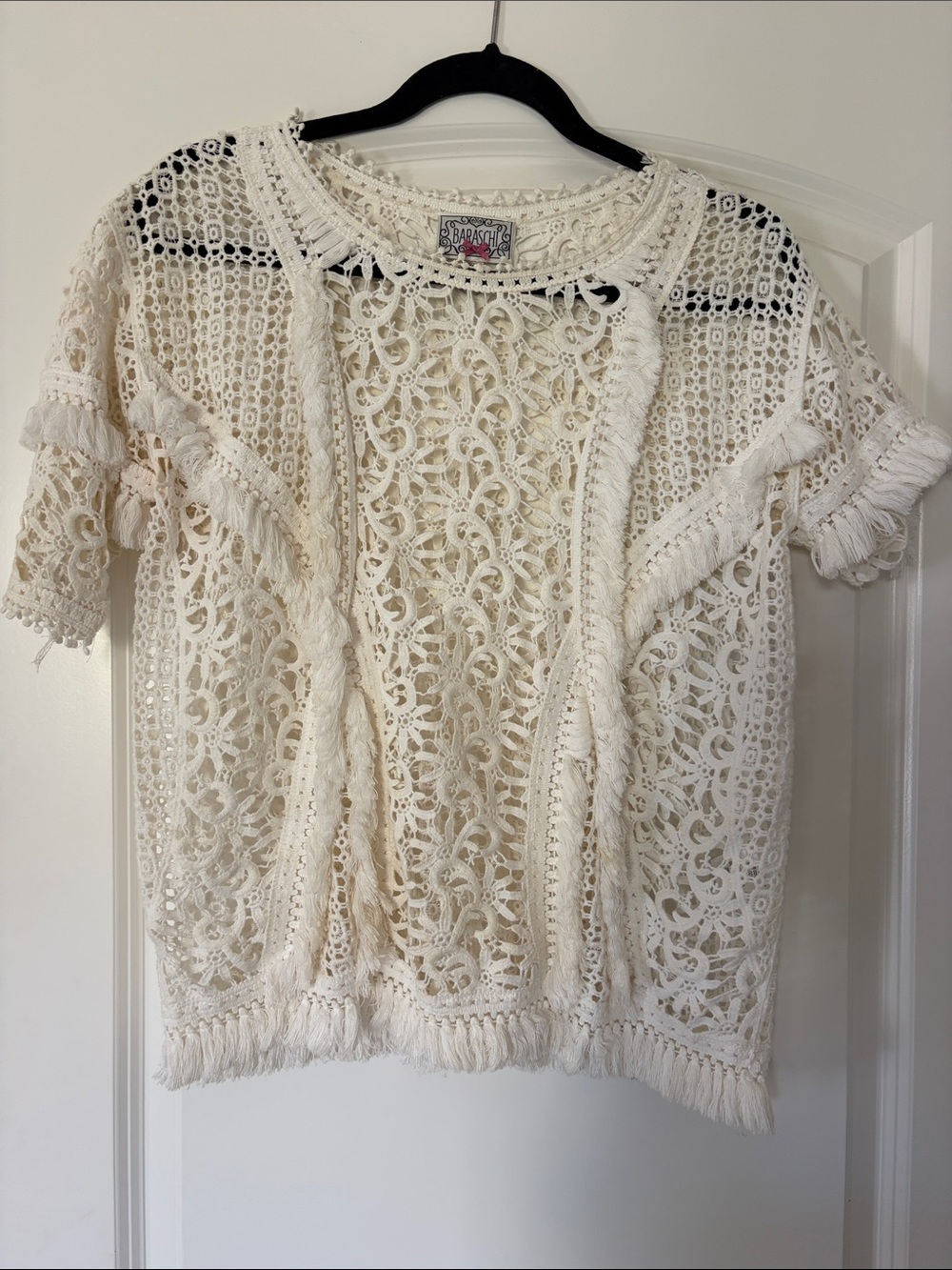 Anthropologie cream Crochet Fringe Short Sleeve Top